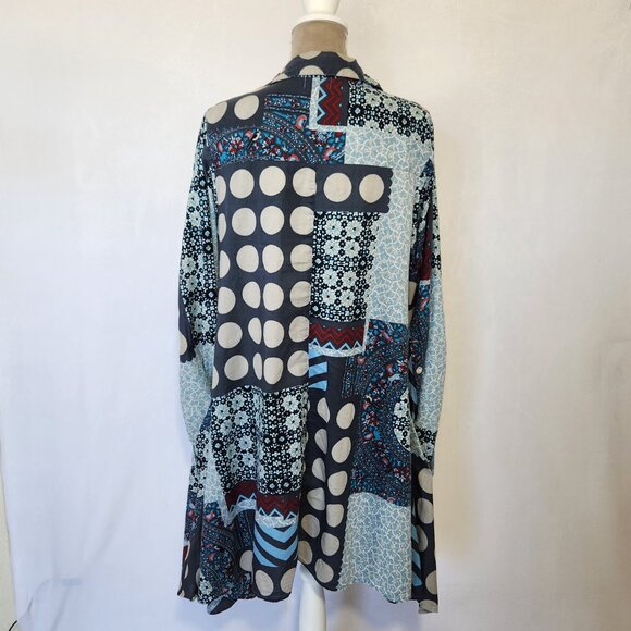 Tulip Women's Oversized Small Multi-Color Patchwork Asymmetric Button Tunic Top - Picture 10 of 15